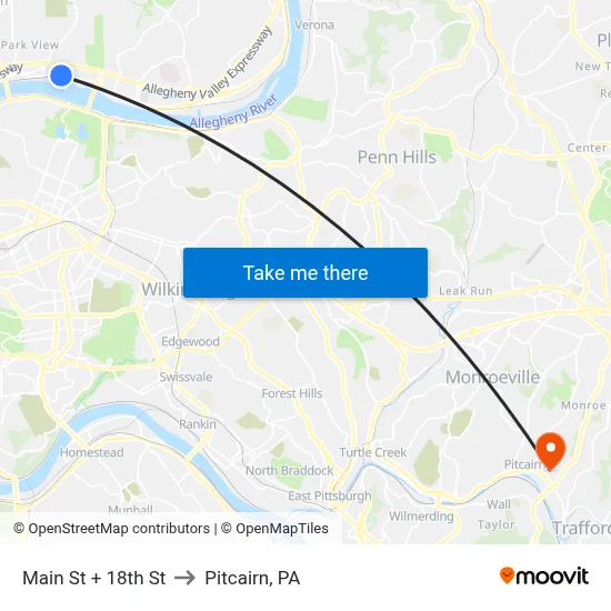 Main St + 18th St to Pitcairn, PA map