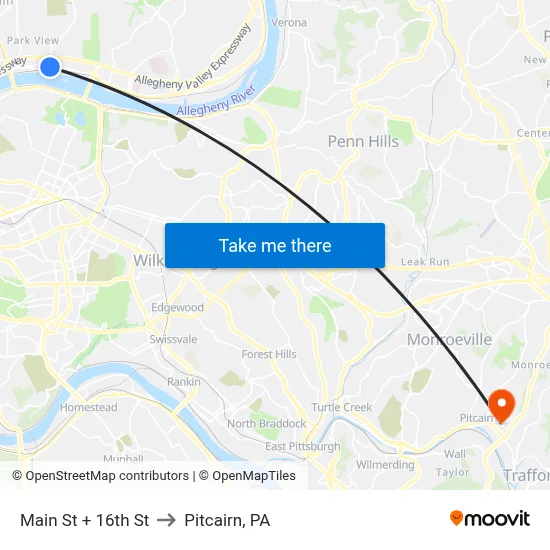 Main St + 16th St to Pitcairn, PA map