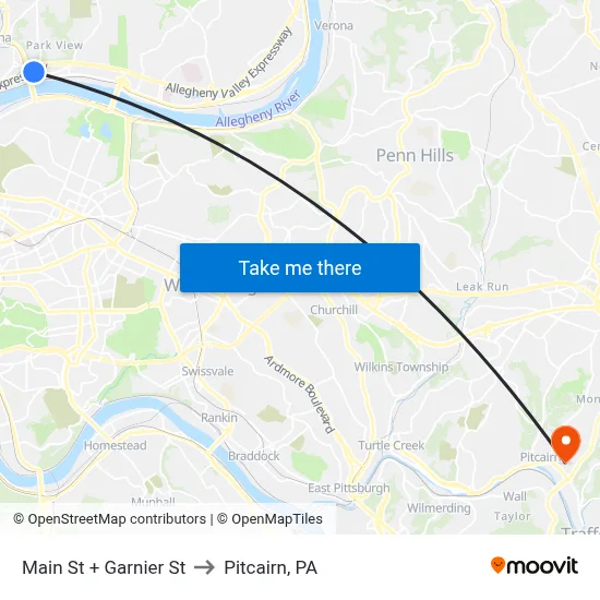 Main St + Garnier St to Pitcairn, PA map