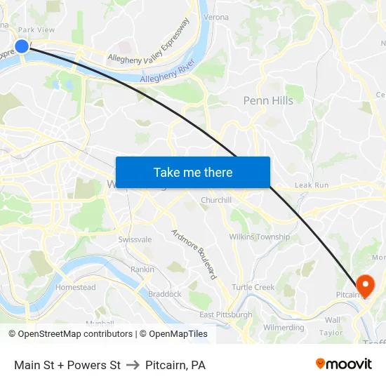 Main St + Powers St to Pitcairn, PA map