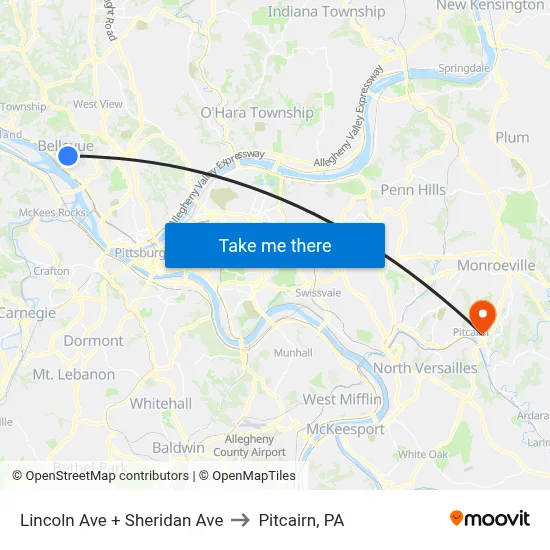 Lincoln Ave + Sheridan Ave to Pitcairn, PA map