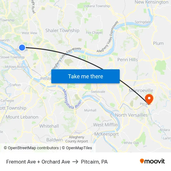 Fremont Ave + Orchard Ave to Pitcairn, PA map