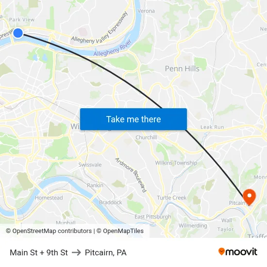 Main St + 9th St to Pitcairn, PA map