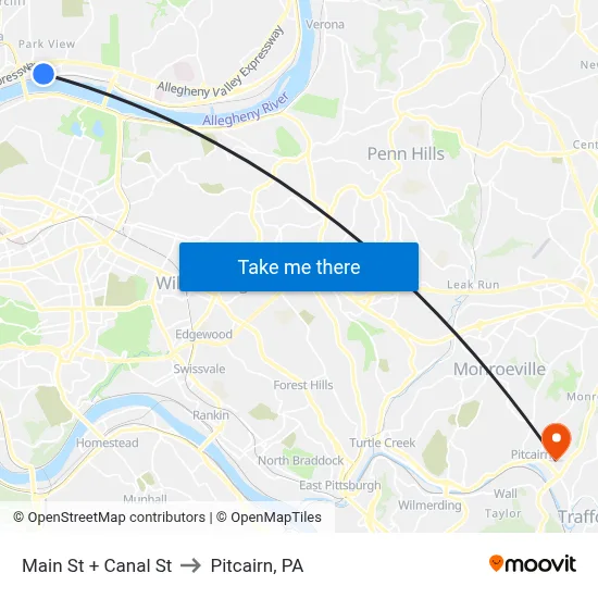Main St + Canal St to Pitcairn, PA map