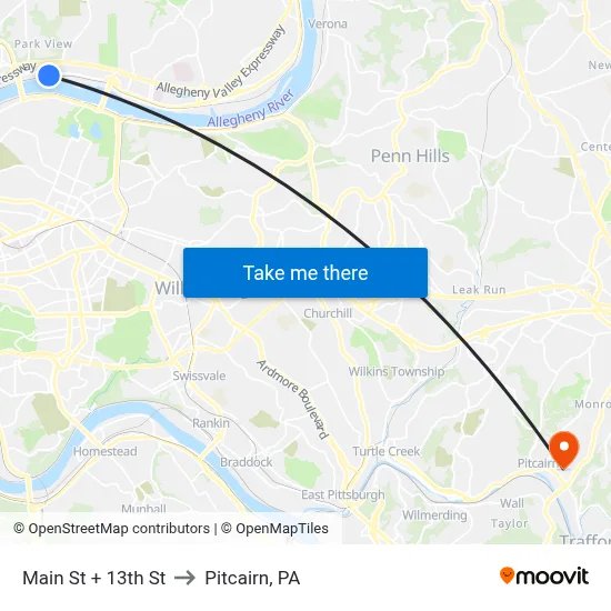 Main St + 13th St to Pitcairn, PA map