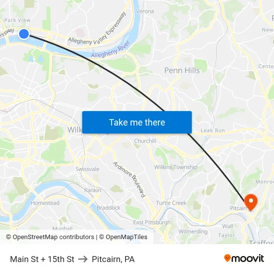 Main St + 15th St to Pitcairn, PA map