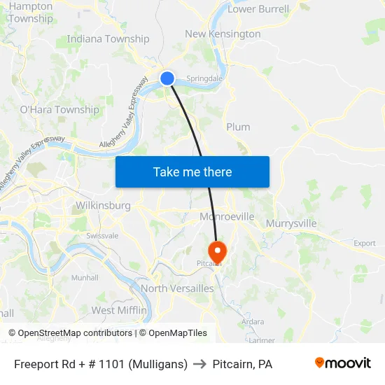 Freeport Rd + # 1101 (Mulligans) to Pitcairn, PA map