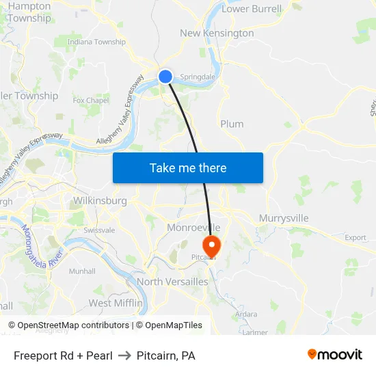 Freeport Rd + Pearl to Pitcairn, PA map