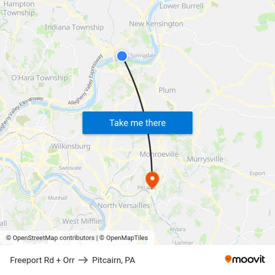 Freeport Rd + Orr to Pitcairn, PA map