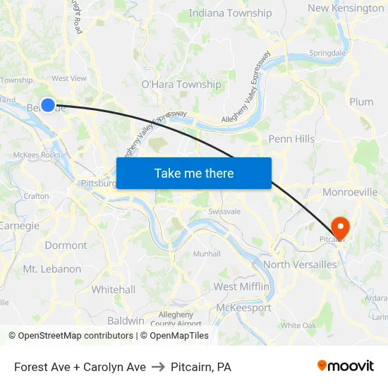 Forest Ave + Carolyn Ave to Pitcairn, PA map