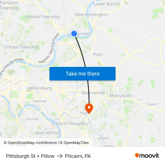 Pittsburgh St + Pillow to Pitcairn, PA map