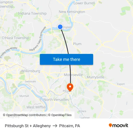 Pittsburgh St + Allegheny to Pitcairn, PA map