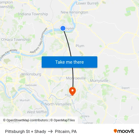 Pittsburgh St + Shady to Pitcairn, PA map