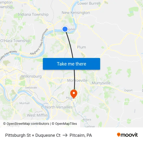 Pittsburgh St + Duquesne Ct to Pitcairn, PA map