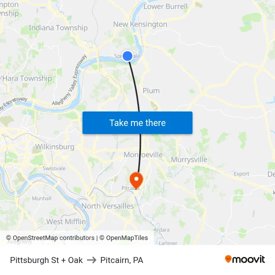 Pittsburgh St + Oak to Pitcairn, PA map