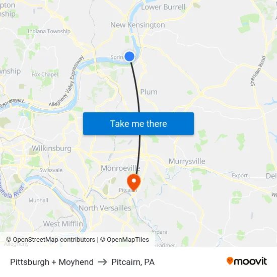 Pittsburgh + Moyhend to Pitcairn, PA map