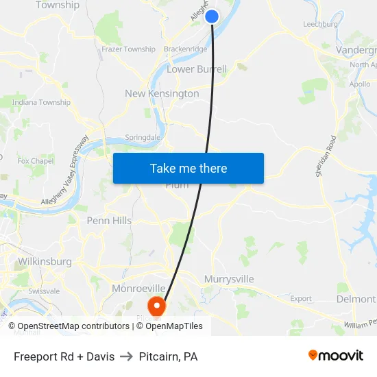 Freeport Rd + Davis to Pitcairn, PA map