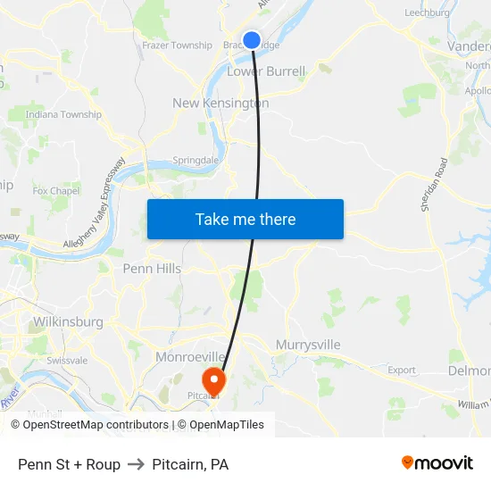 Penn St + Roup to Pitcairn, PA map