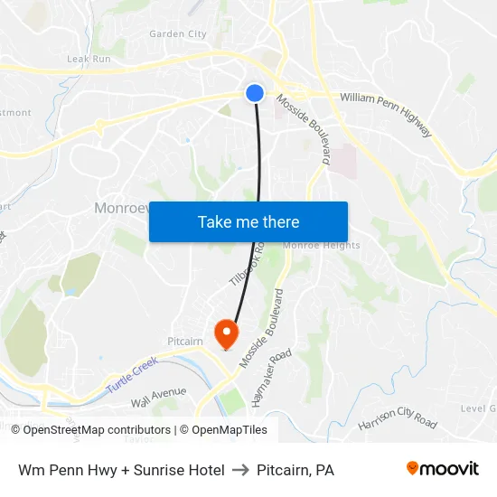 Wm Penn Hwy + Sunrise Hotel to Pitcairn, PA map