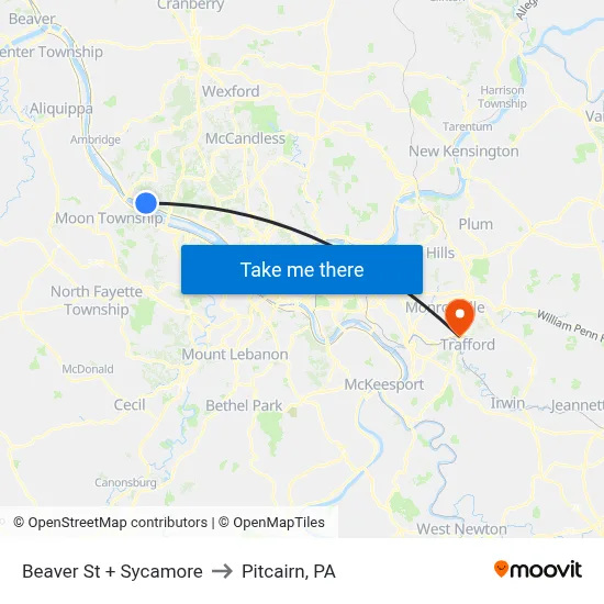 Beaver St + Sycamore to Pitcairn, PA map