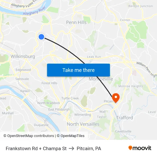 Frankstown Rd + Champa St to Pitcairn, PA map