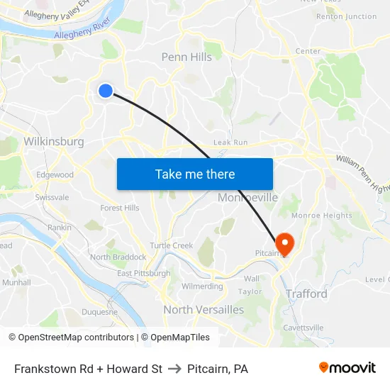 Frankstown Rd + Howard St to Pitcairn, PA map