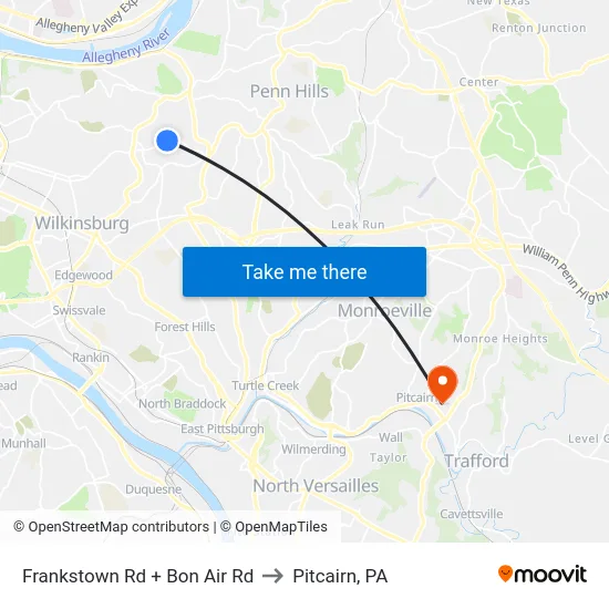 Frankstown Rd + Bon Air Rd to Pitcairn, PA map
