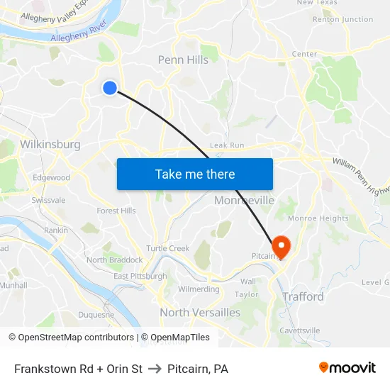 Frankstown Rd + Orin St to Pitcairn, PA map