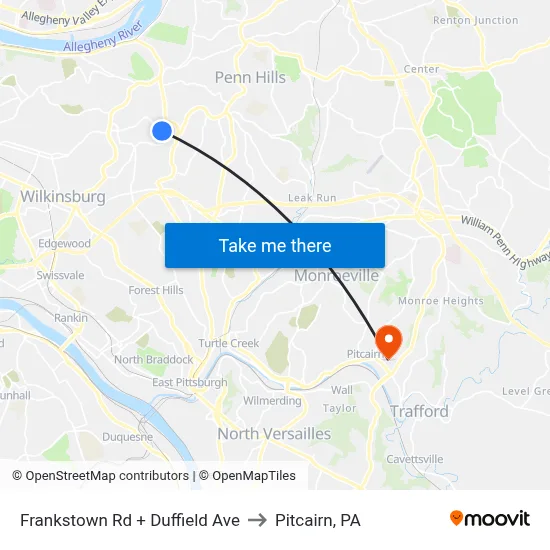 Frankstown Rd + Duffield Ave to Pitcairn, PA map