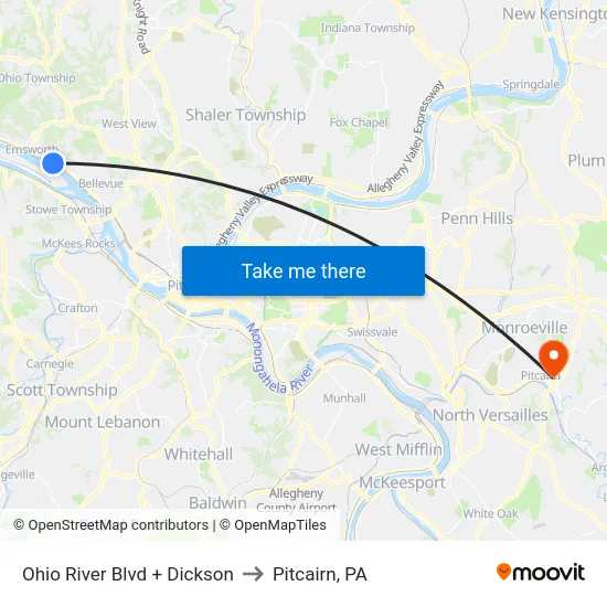 Ohio River Blvd + Dickson to Pitcairn, PA map