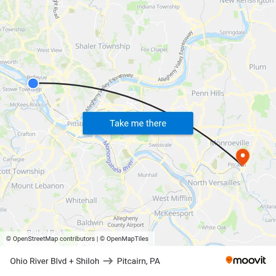 Ohio River Blvd + Shiloh to Pitcairn, PA map