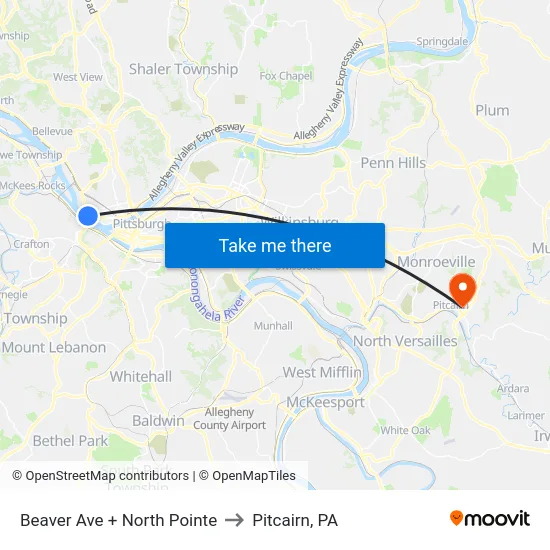 Beaver Ave + North Pointe to Pitcairn, PA map