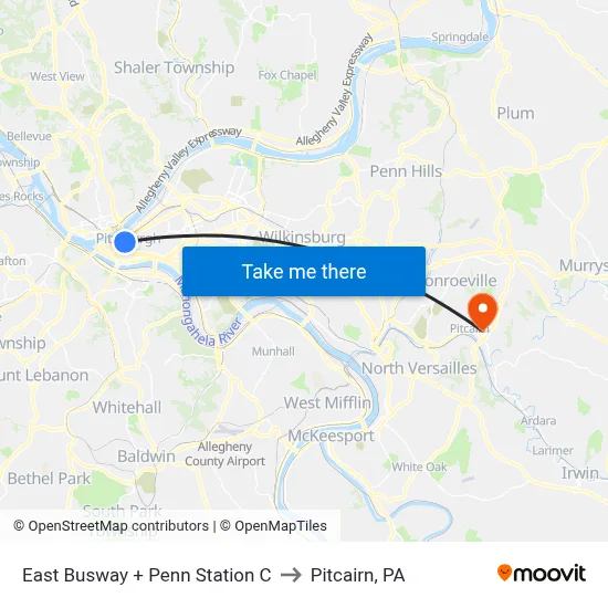 East Busway + Penn Station C to Pitcairn, PA map