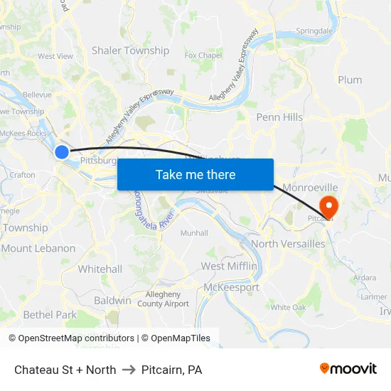 Chateau St + North to Pitcairn, PA map
