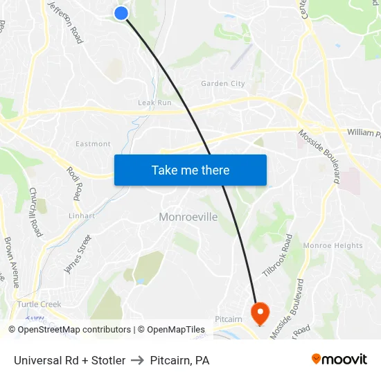Universal Rd + Stotler to Pitcairn, PA map