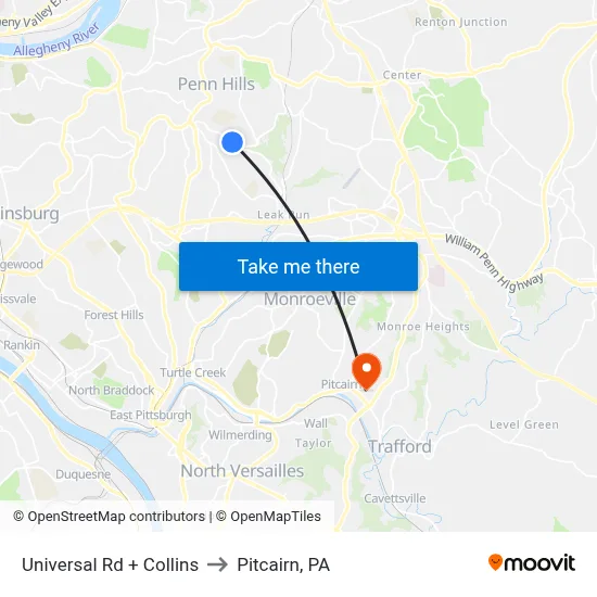 Universal Rd + Collins to Pitcairn, PA map
