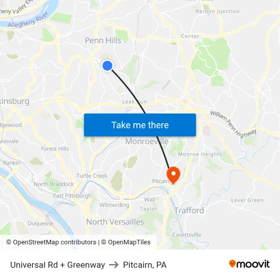 Universal Rd + Greenway to Pitcairn, PA map