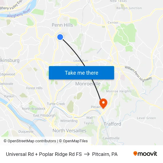 Universal Rd + Poplar Ridge Rd FS to Pitcairn, PA map
