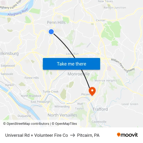 Universal Rd + Volunteer Fire Co to Pitcairn, PA map