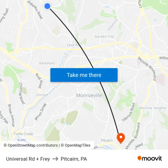 Universal Rd + Frey to Pitcairn, PA map