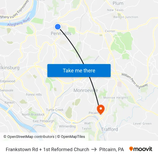 Frankstown Rd + 1st Reformed Church to Pitcairn, PA map