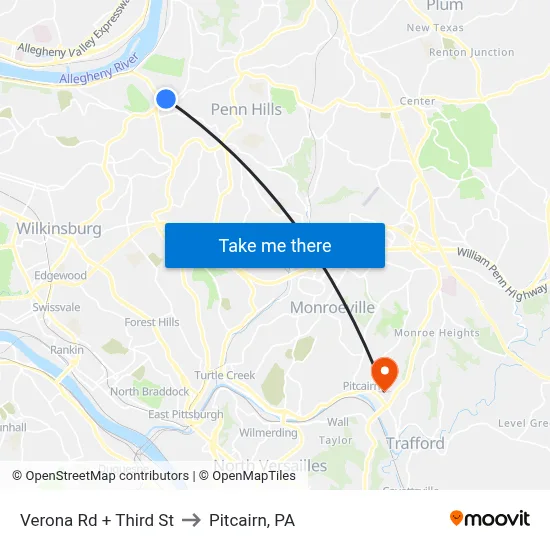 Verona Rd + Third St to Pitcairn, PA map