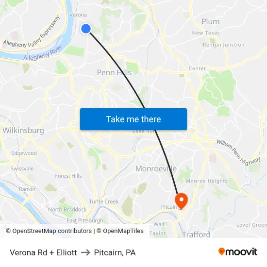 Verona Rd + Elliott to Pitcairn, PA map