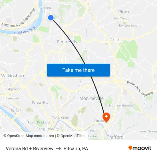 Verona Rd + Riverview to Pitcairn, PA map