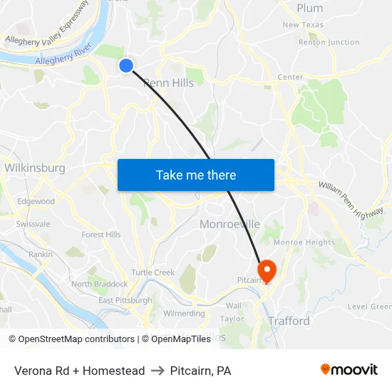 Verona Rd + Homestead to Pitcairn, PA map