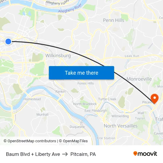 Baum Blvd + Liberty Ave to Pitcairn, PA map