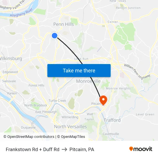 Frankstown Rd + Duff Rd to Pitcairn, PA map
