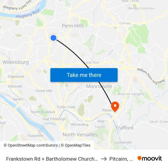 Frankstown Rd + Bartholomew Church Dr to Pitcairn, PA map