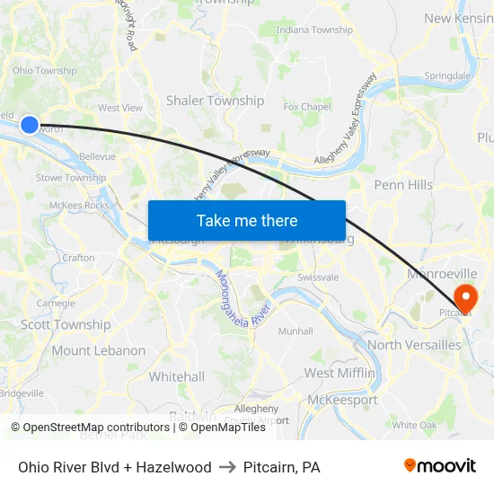 Ohio River Blvd + Hazelwood to Pitcairn, PA map