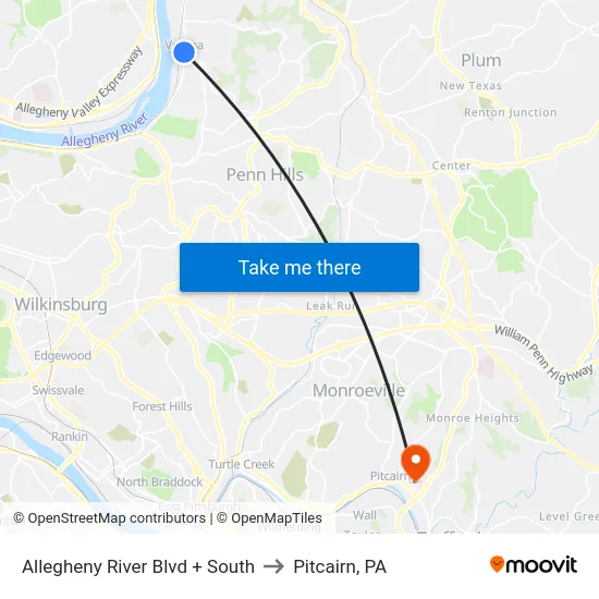Allegheny River Blvd + South to Pitcairn, PA map